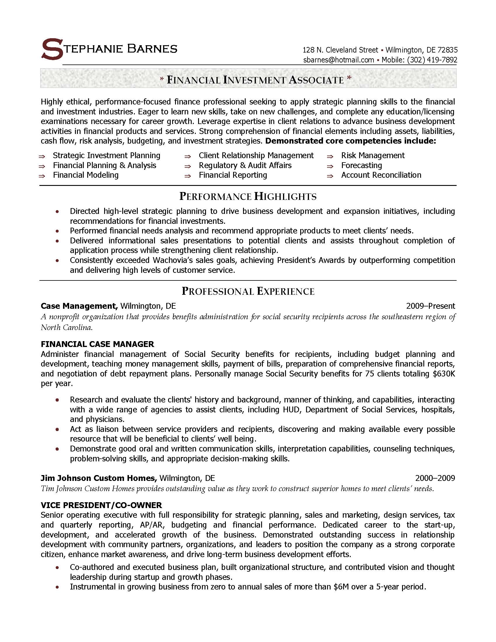 financial investment associate resume sample, provided by Elite Resume Writing Services