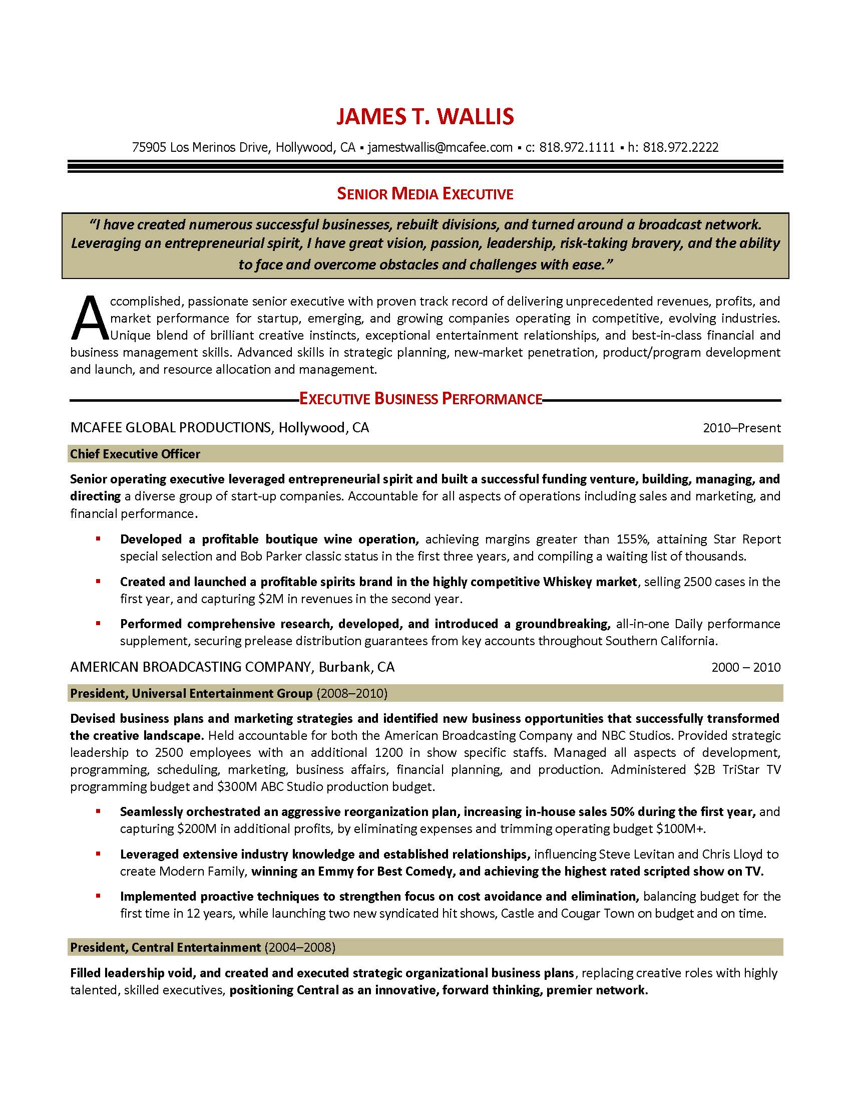media executive resume sample, provided by Elite Resume Writing Services